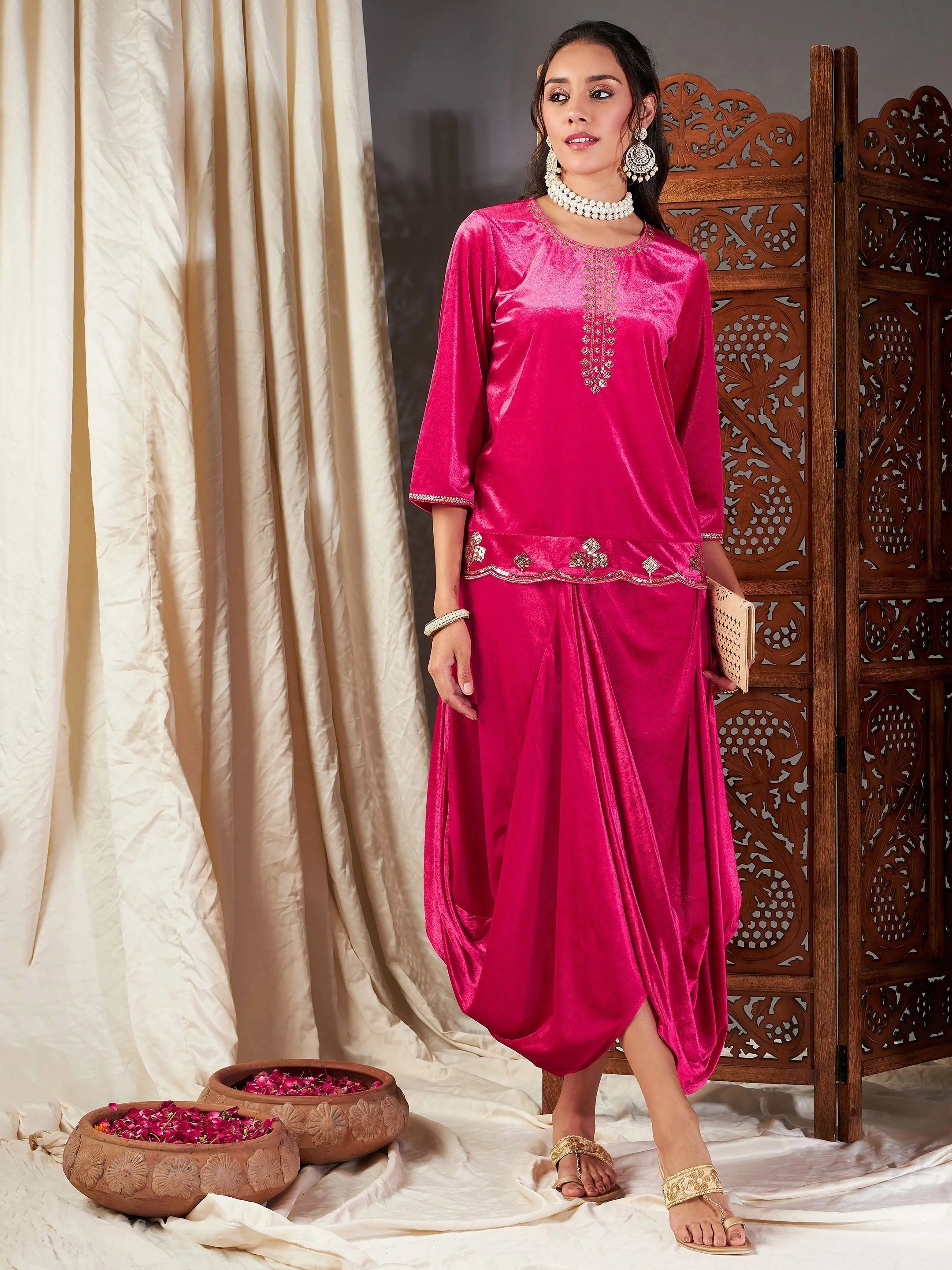 Women Fuchsia Velvet Embroidered Short Kurta With Dhoti Skirt