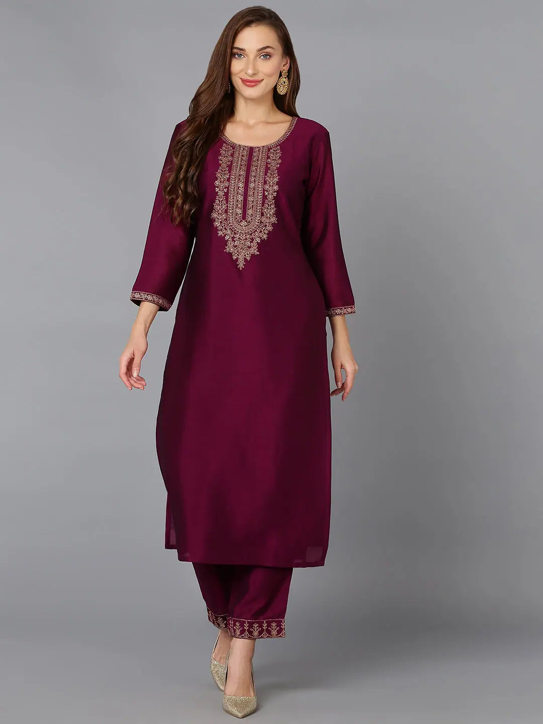 Silk Blend Wine Embroidered Kurta With Pant-VKSET1427_XS