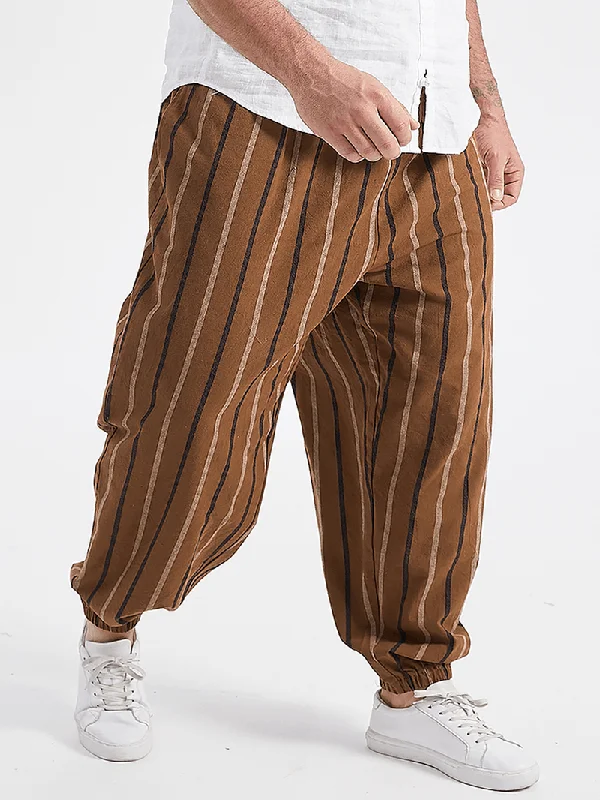 Plus Size Mens Vintage Striped Print Mid Waist Cotton Jogger Pants