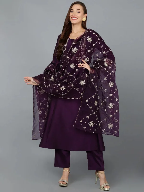 Purple Silk Blend Embroidered Anarkali Festive wear