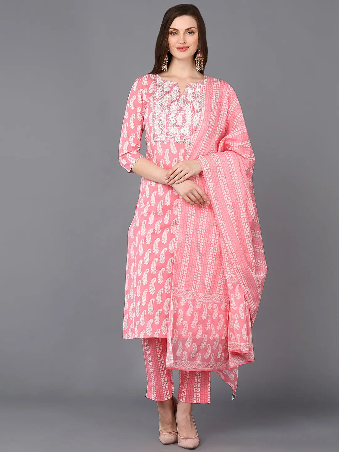 Cotton Pink Printed Straight Kurta Pant With-VKSKD1846_XS