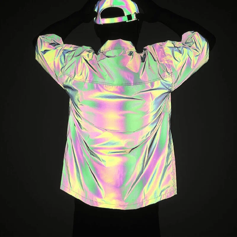 Symphony 3M Reflective Short-Sleeved Shirt Men'S Loose Casual Rainbow Color Reflective Shirt plus Size Trend