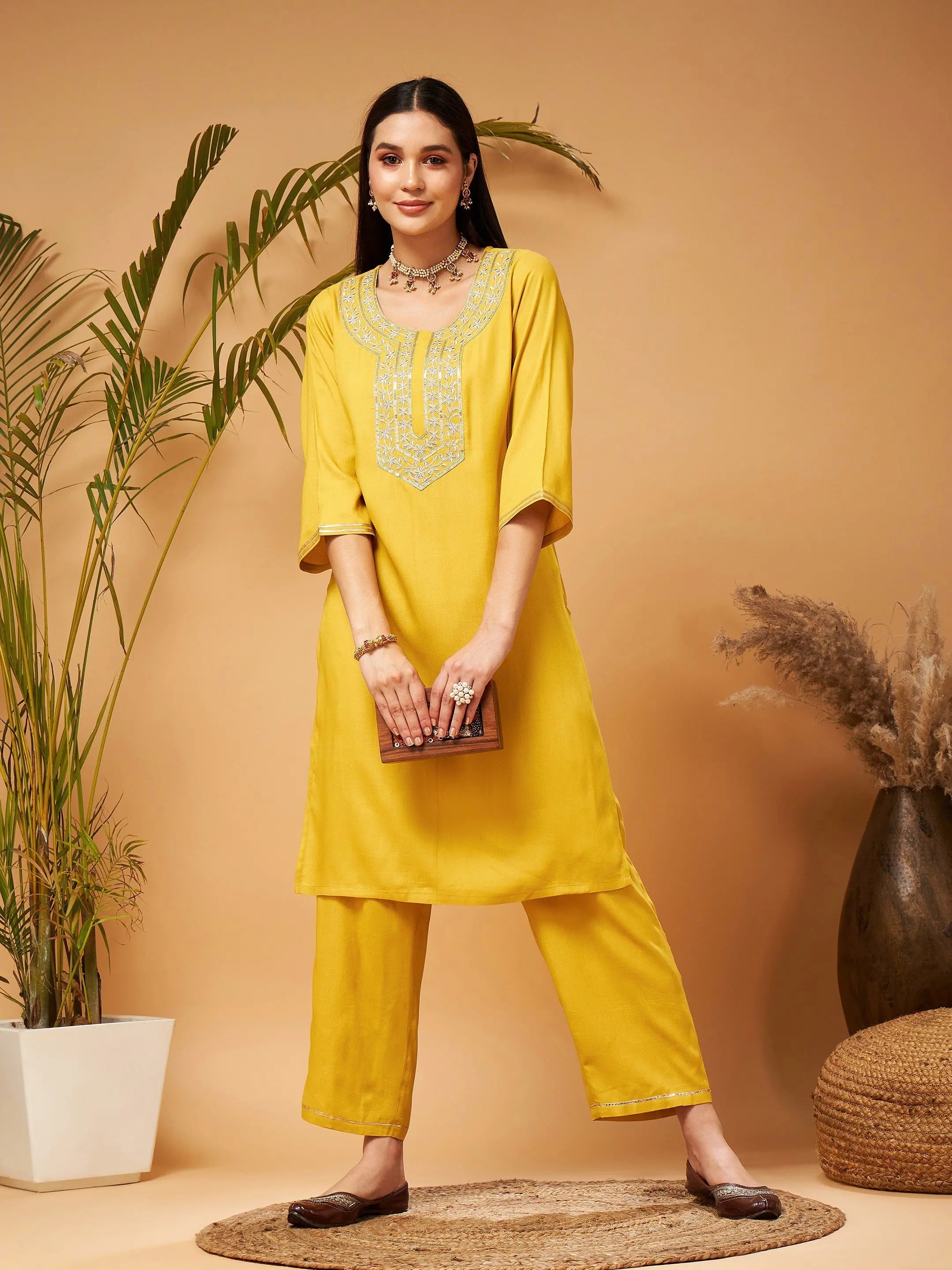 Women Yellow Gota Embroidered Kurta With Pants