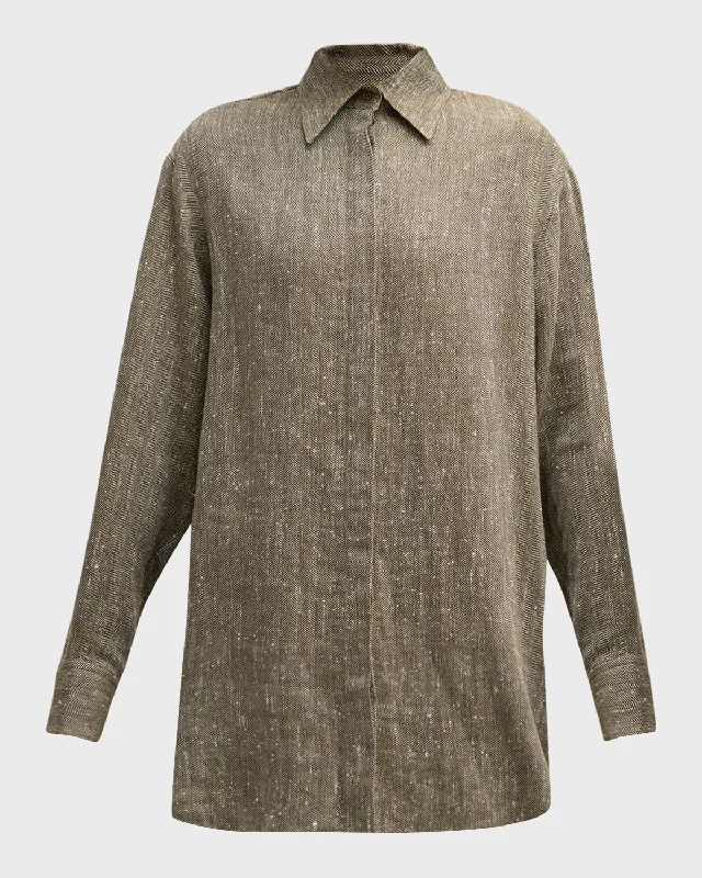 Linen-Silk Herringbone Oversized Button-Down Shirt