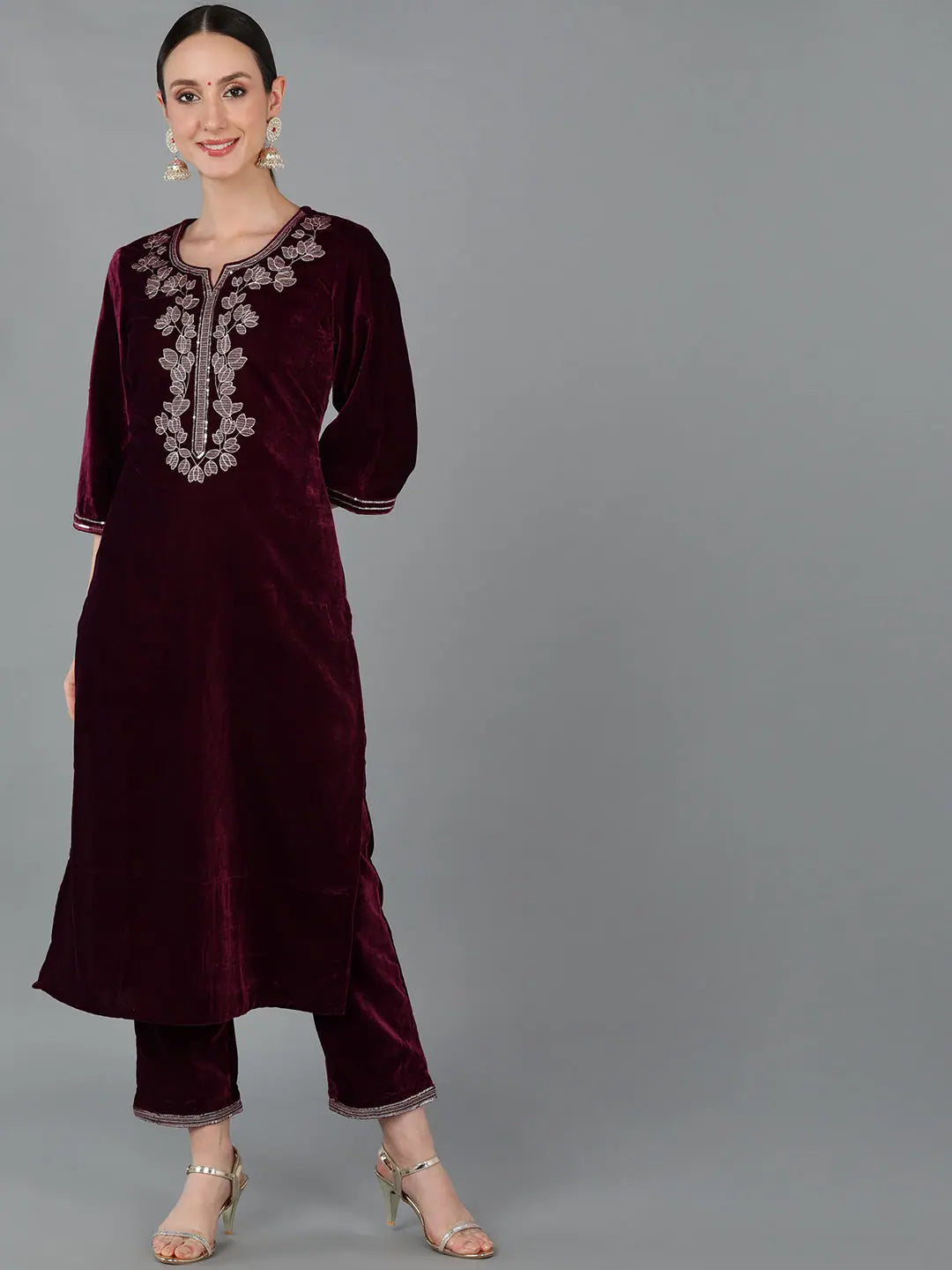 Ahika Women Velvet Embroidered Kurta With Trouser-VKSET1370_XS