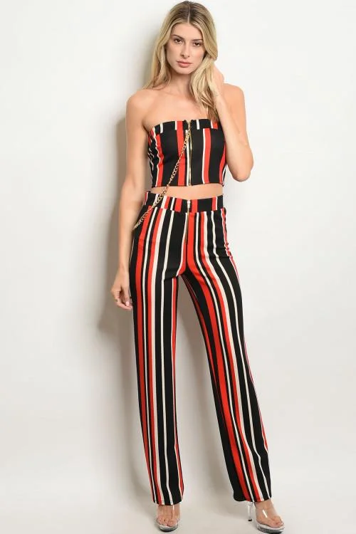 BLACK RED STRIPES TOP & PANTS SET