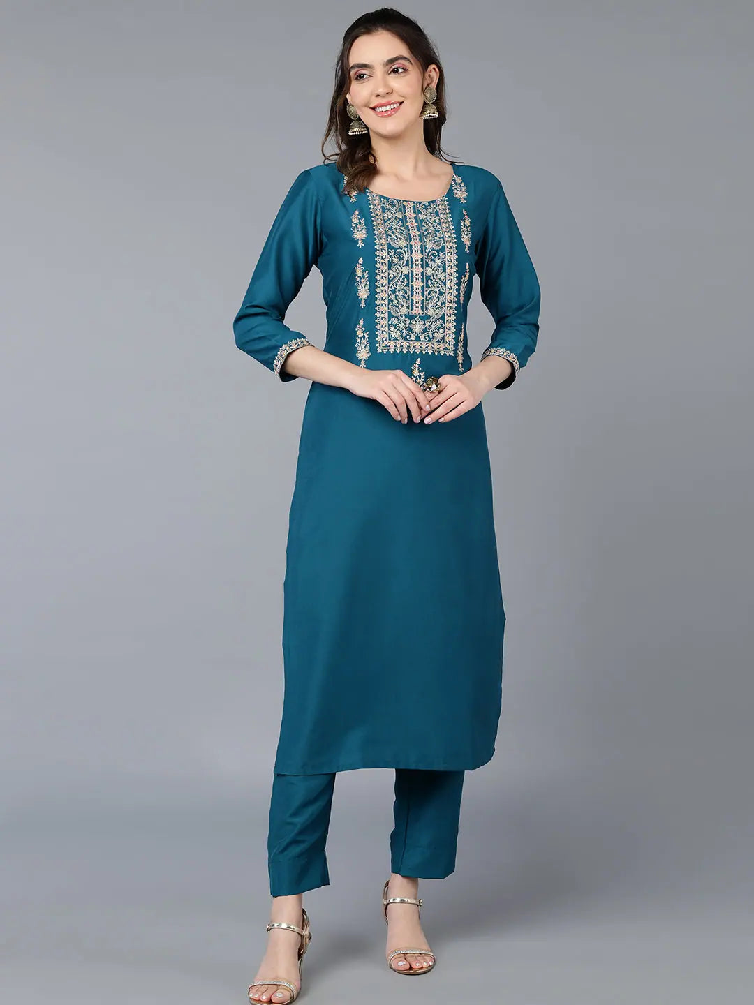 Silk Blend Teal Blue Embroidered Straight Kurta