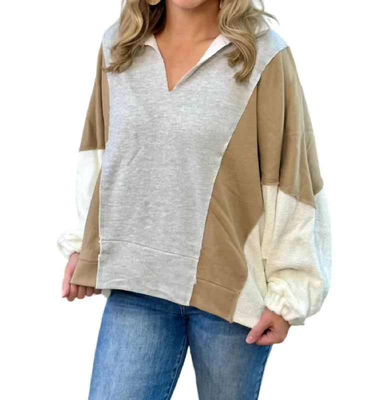 Oversized Contrast Pullover Top In Grey/taupe/white