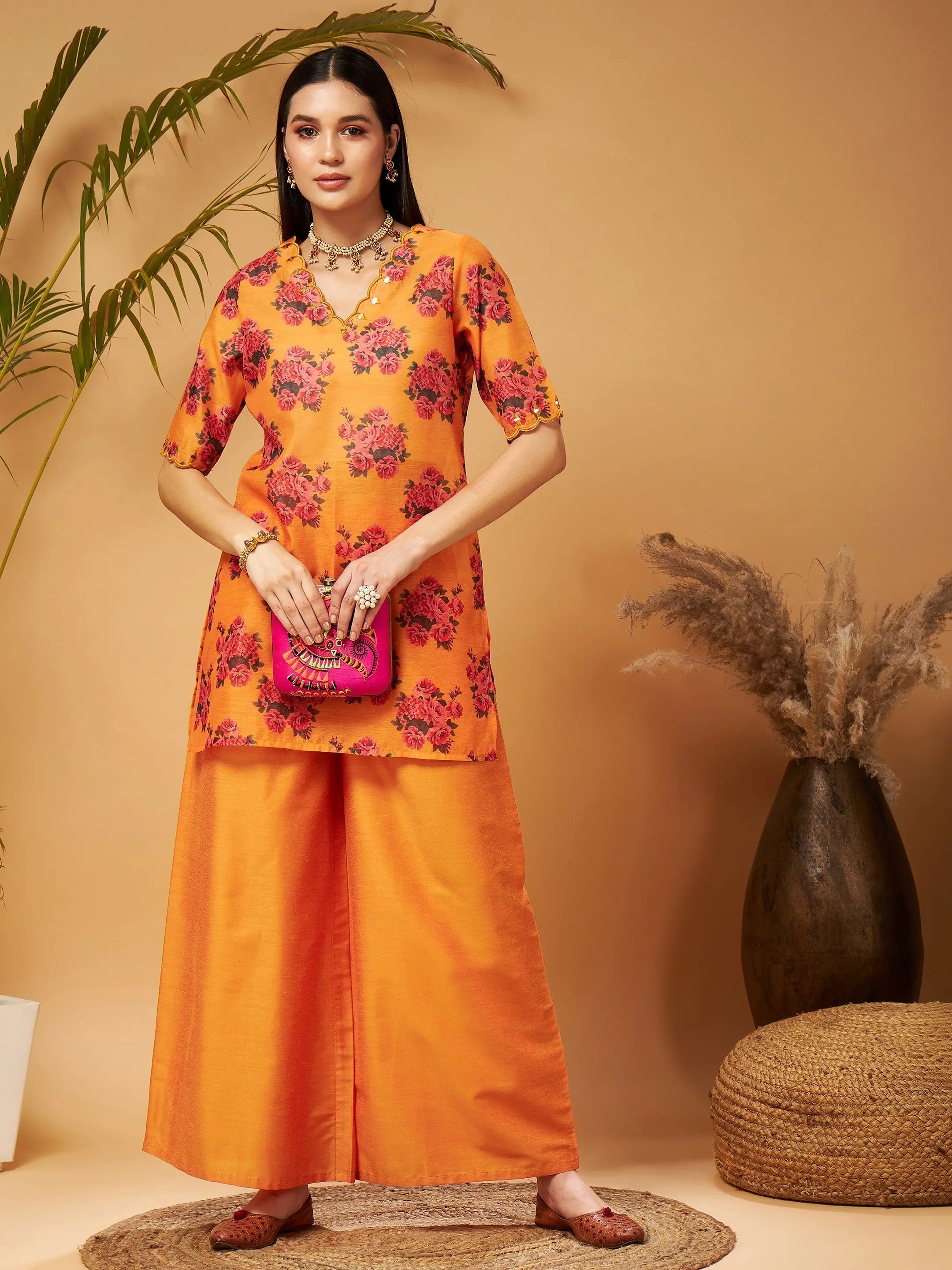 Women Mustard Emb Floral Short Kurta With Flared Palazzos