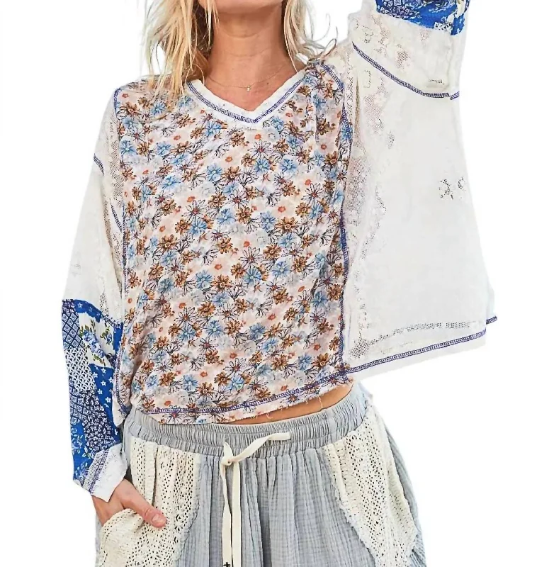 Crochet Lace Floral Oversized Top In Blues