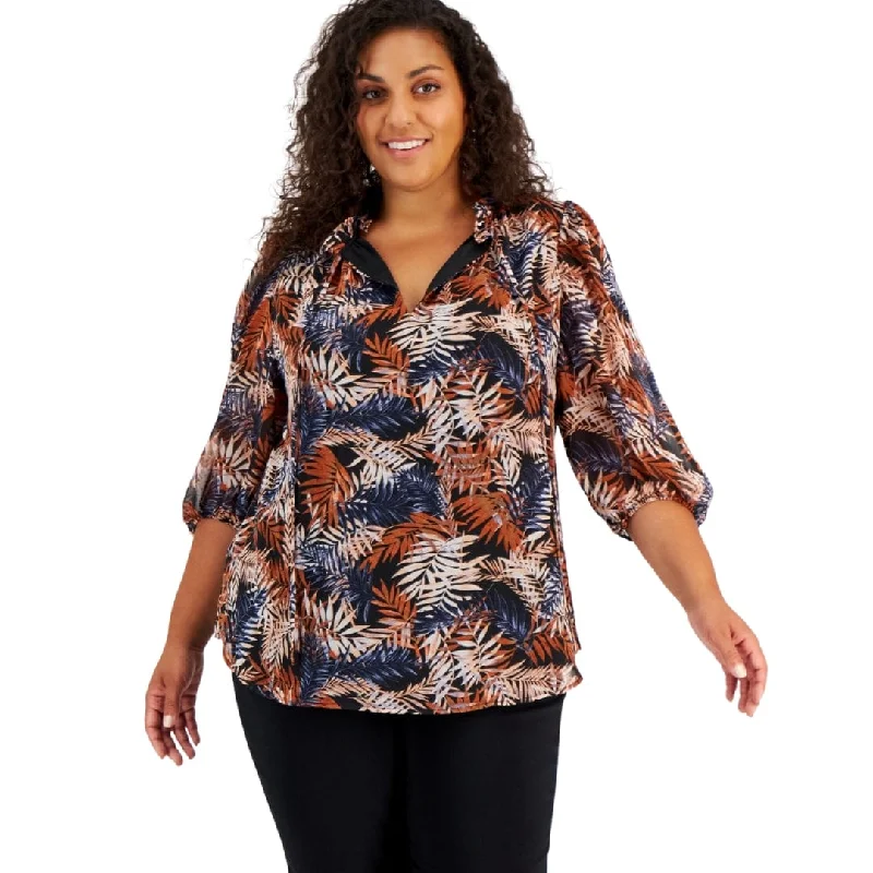 BAR III - Plus Size Printed Tie-Neck Top