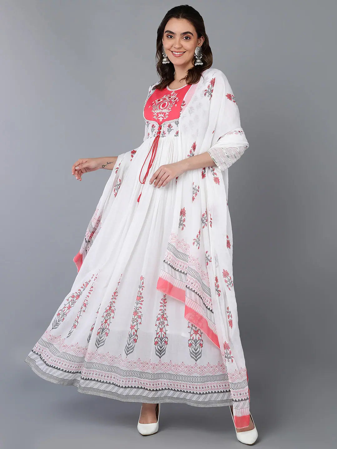 Cotton Blend White Embroidered Flared Kurta With-VKD1007_XS