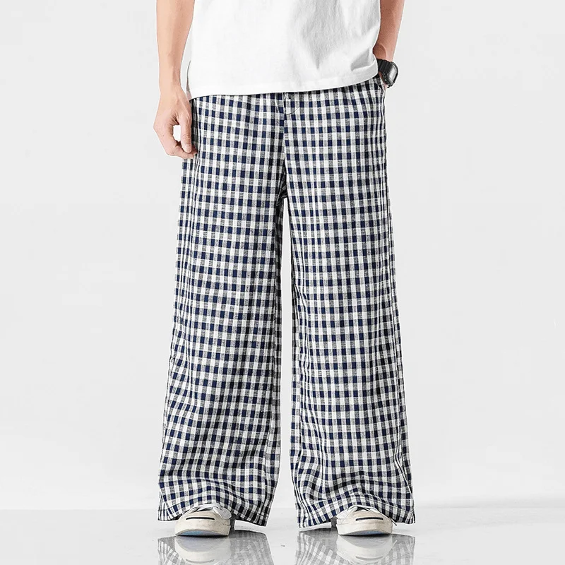 Summer plus Size Chinese Style Cotton and Linen Plaid Baggy Pants