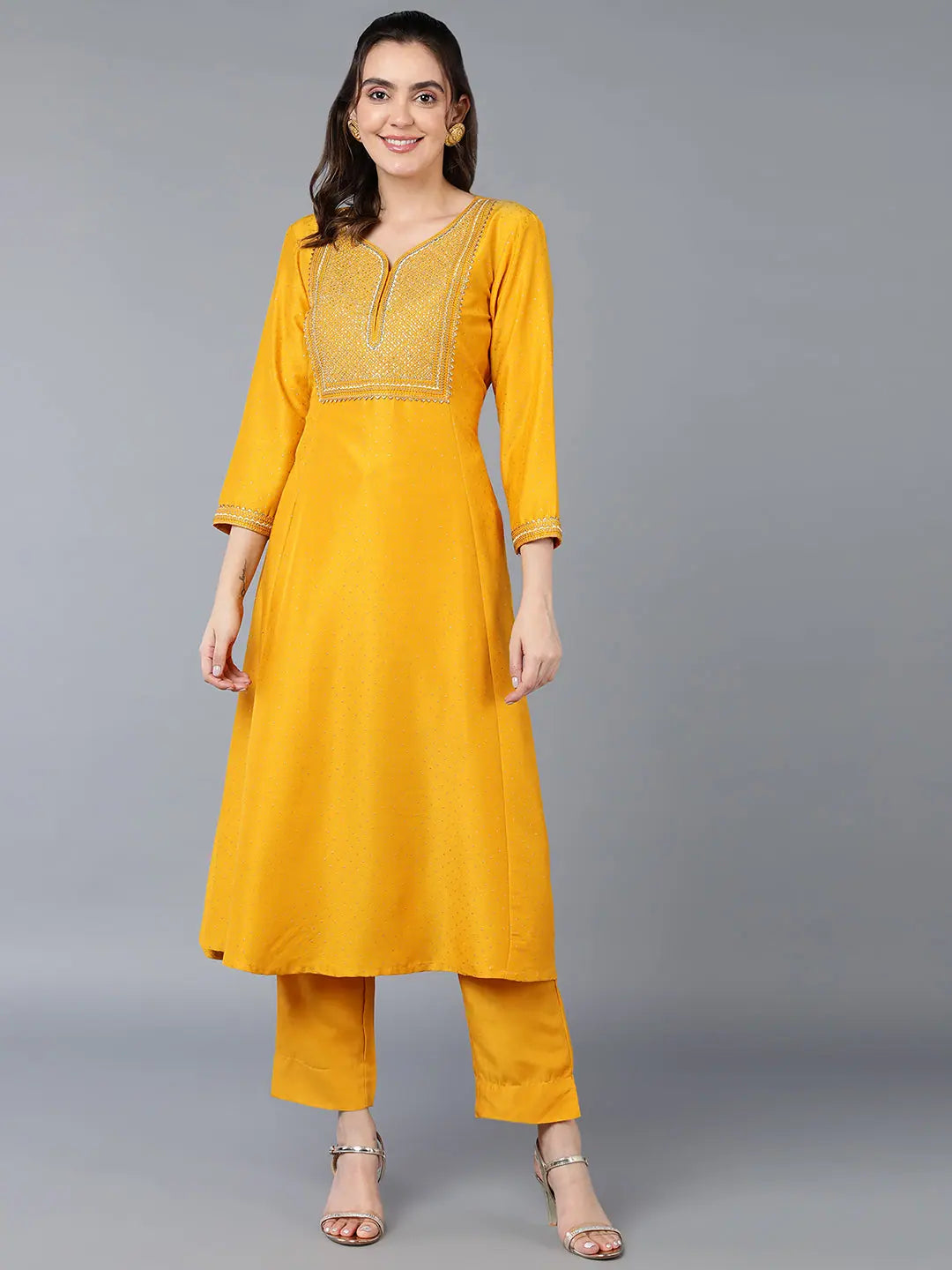 Silk Blend Yellow Embroidered Flared Kurta With