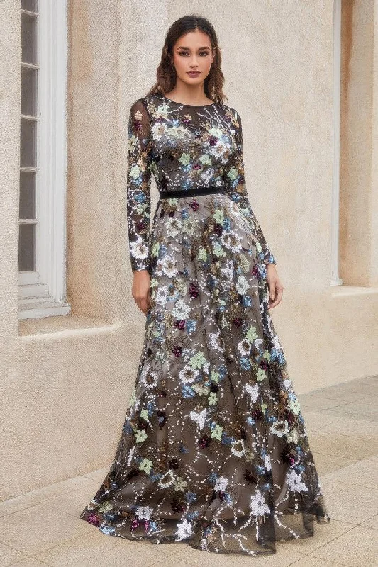 Andrea & Leo A1166 Floral Print Long Sleeve Formal  Dress