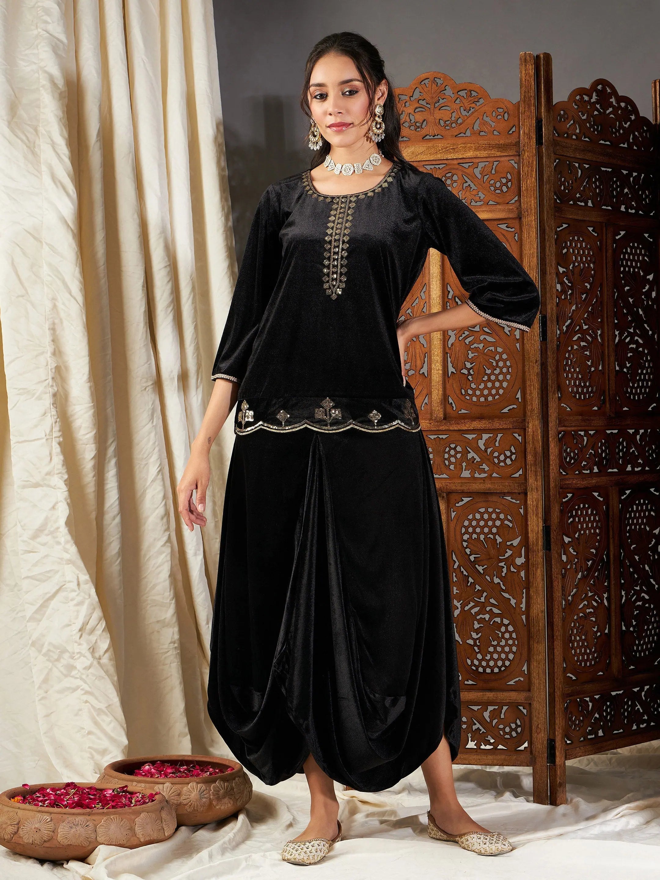 Women Black Velvet Embroidered Short Kurta With Dhoti Skirt