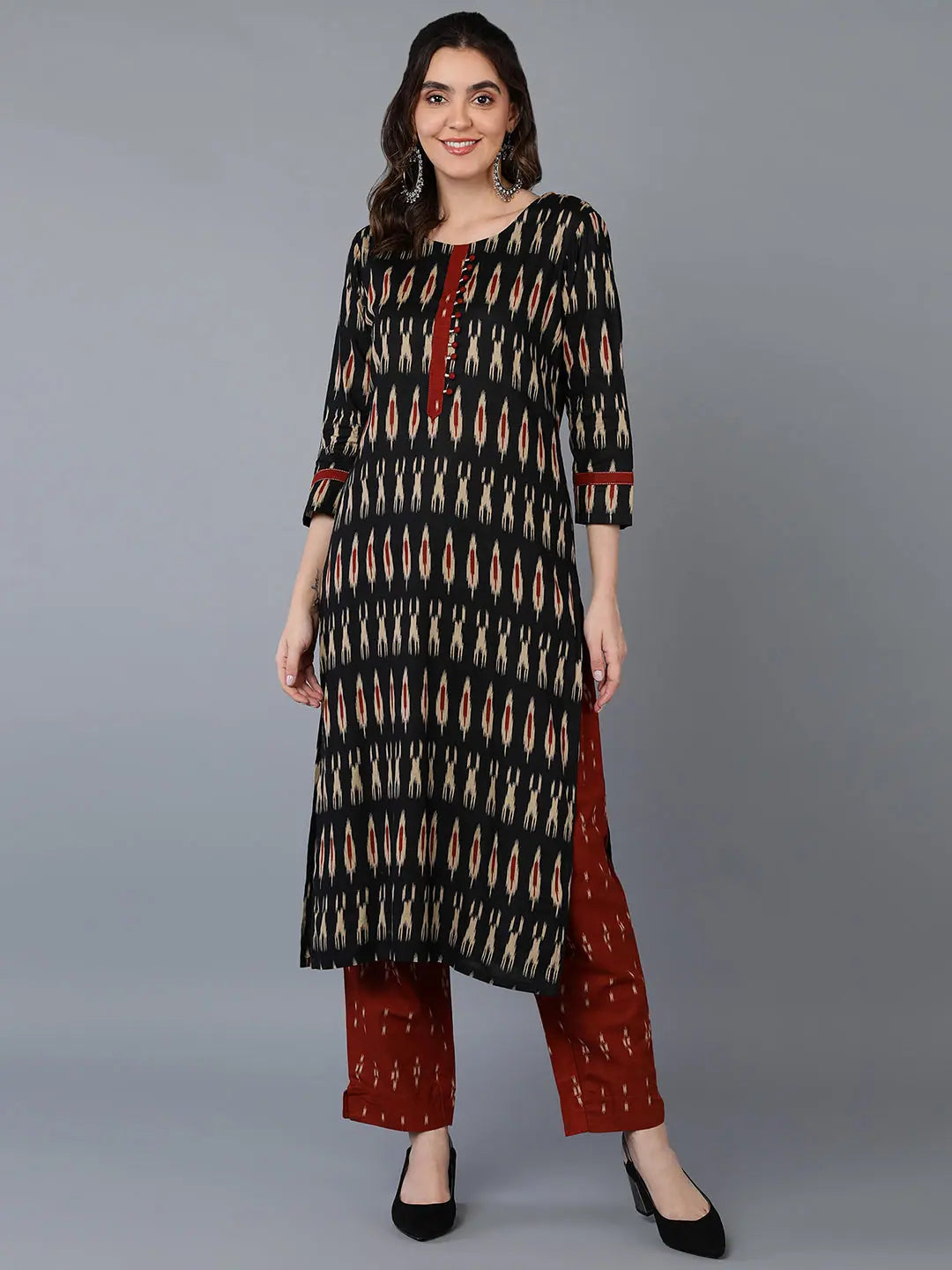 Cotton Blend Black Ikat Printed Straight Kurta