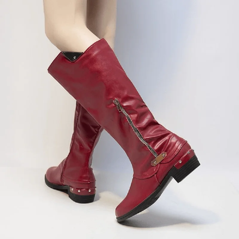 Plus Size Women round Toe Side Zipper Low Heel Knee Boots