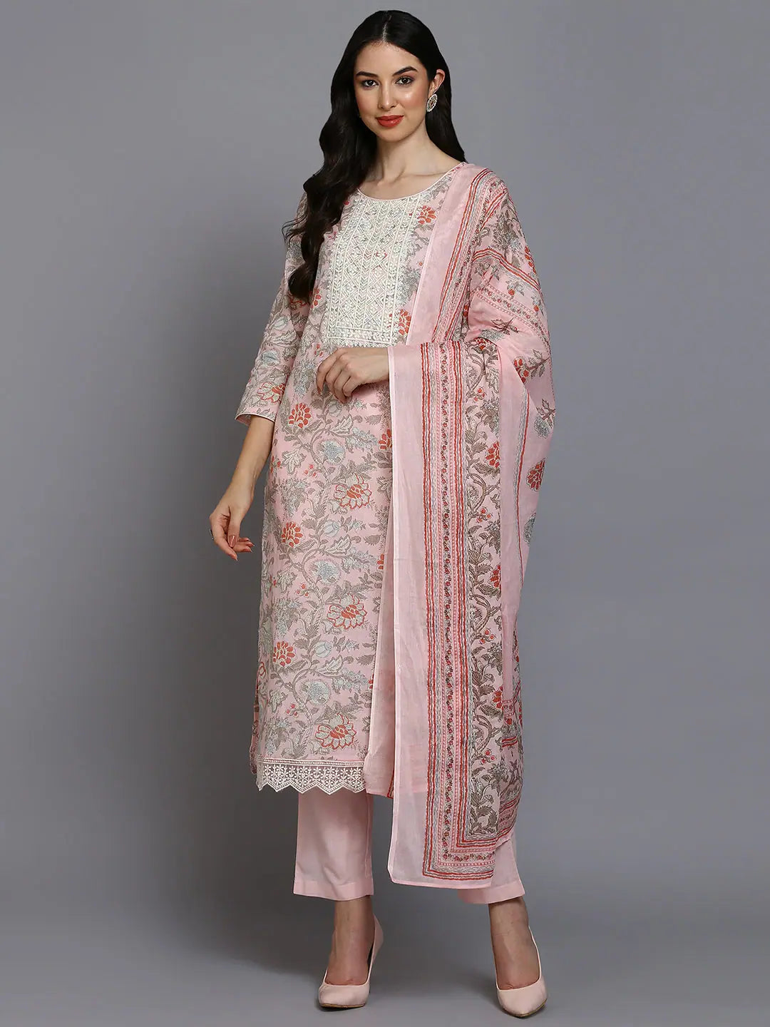 Cotton Blend Pink Printed Straight Kurta Pant-VKSKD1904_XS