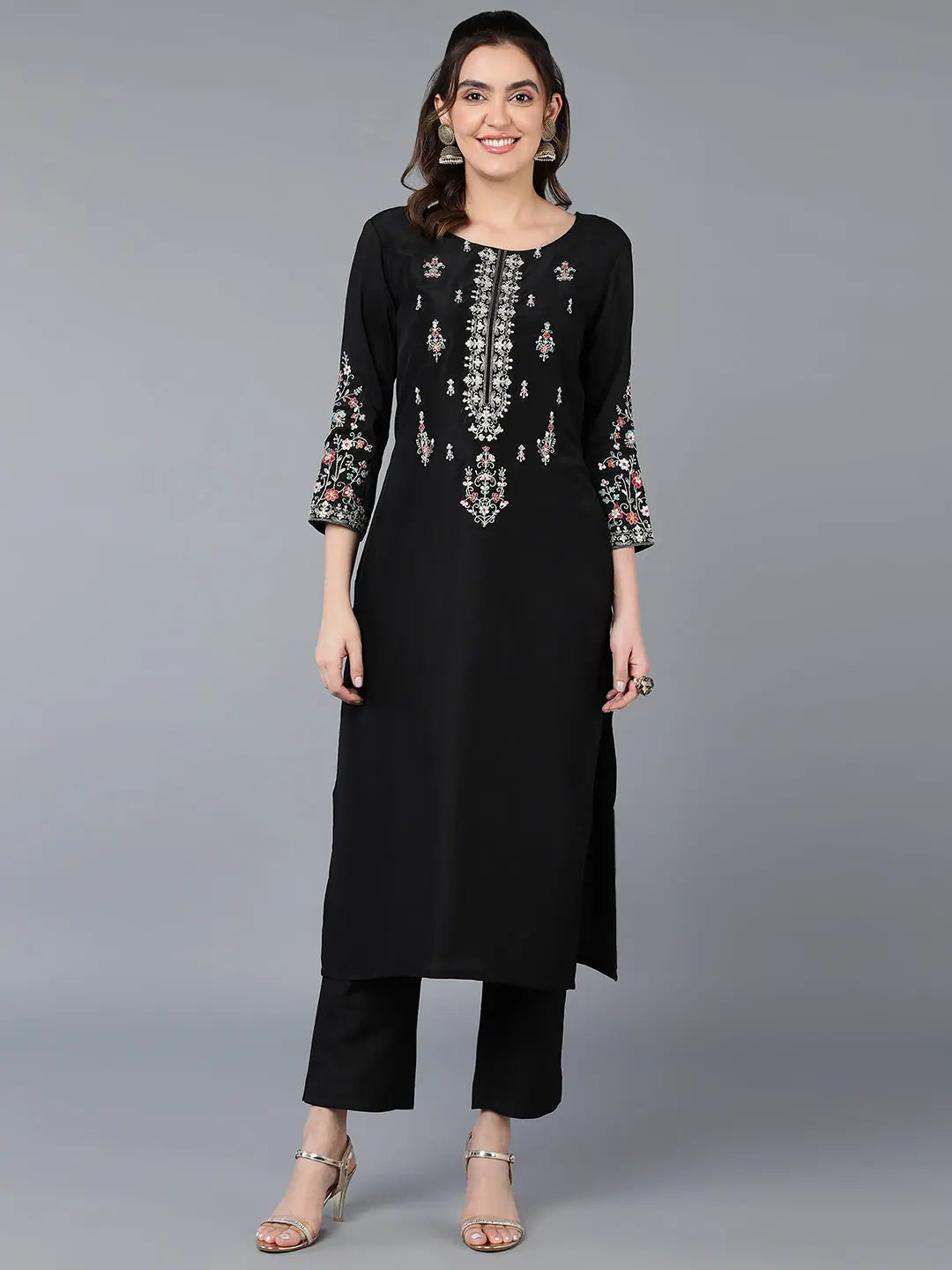 Silk Blend Black Embroidered Straight Kurta With