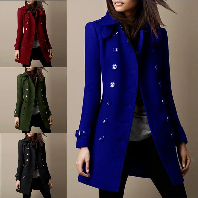 Women's Coat Double Breasted Long Sleeved Button Front Collar Jacket Casual Fashion