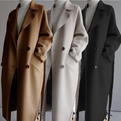 Women's Cashmere Feel Long Coat Hepburn Style Double Breasted Tie Waist Belt Knee Length with Pockets