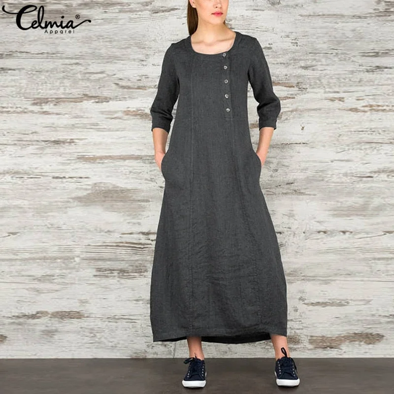 Plus Size 5XL Women Vintage Maxi Dress Celmia 2019 Autumn Casual Loose 3/4 Sleeve Buttons Pockets Long Shirt Vestidos Robe Femme