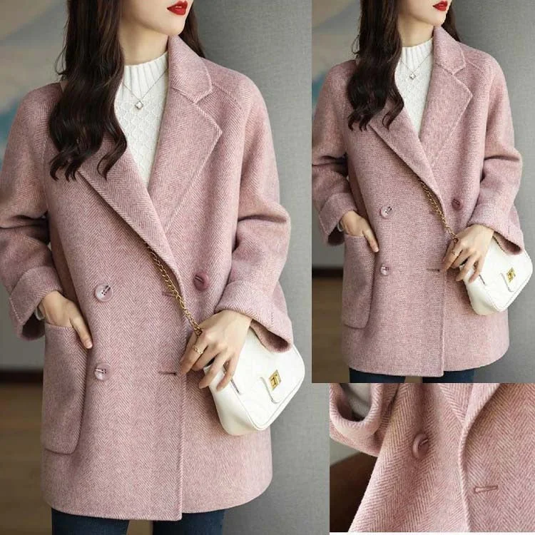 Women's Herringbone Wool Coat Double Breasted Loose Fit With Pockets