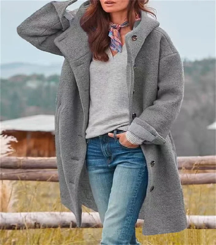 Women's Thick Long Coat Button Front Hooded With Pockets