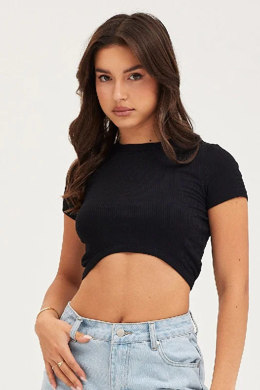 Black Curved Hem T Shirt Ribbed