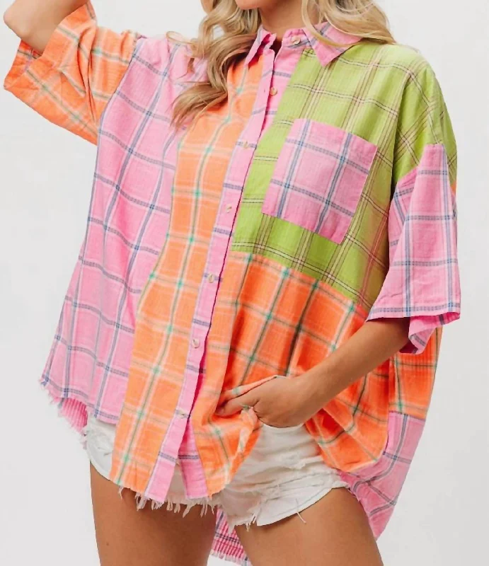 Bleach Washed Check Plaid Shirt In Pink/peach/lime