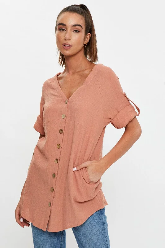 Brown Half Sleeve Linen Look Long Shirt Top