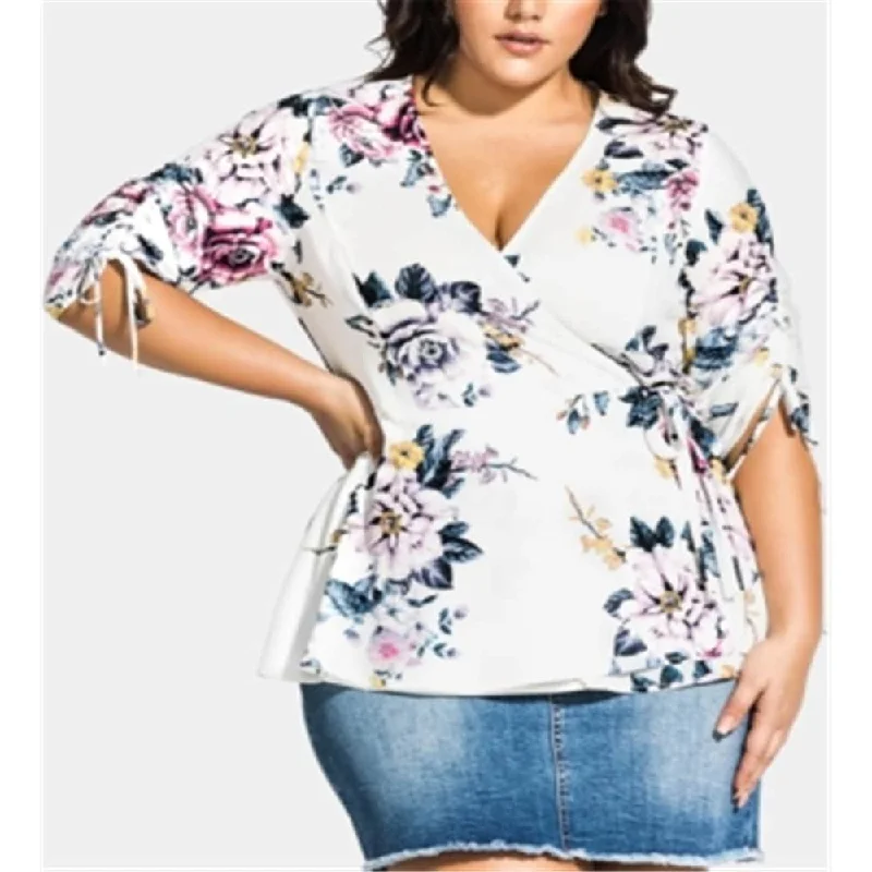 City Chic Women's Summer Love Floral Shirt Wrap Top White Size Petite Small