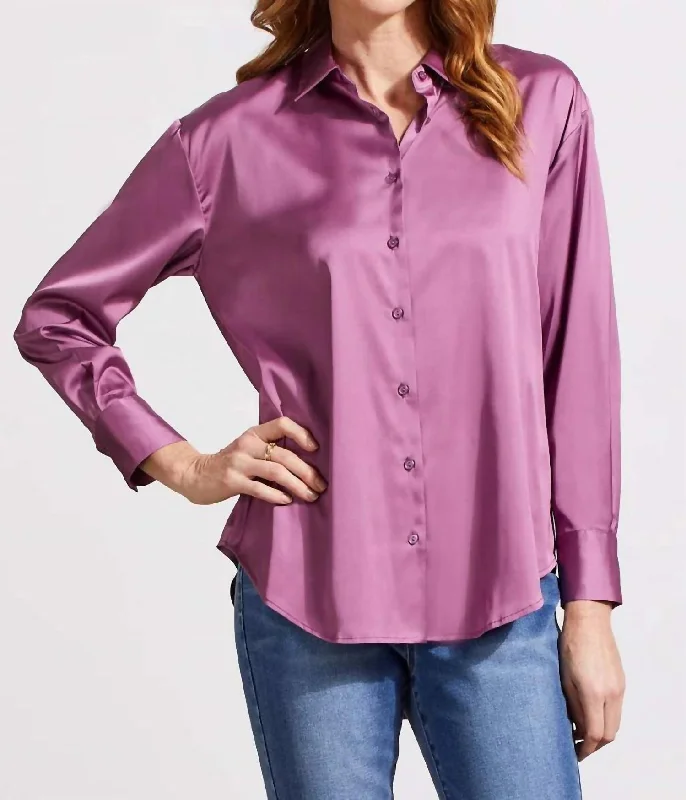 Flowy Satin Button Up Shirt In Grape