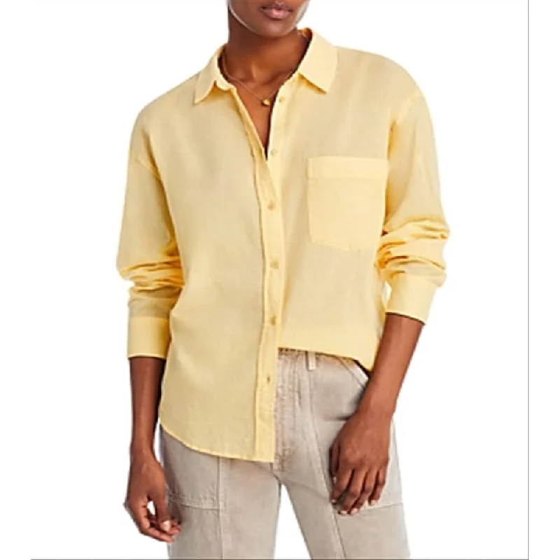 Jen7 Women's Pima Cotton Voile Button Up Shirt Yellow Size Medium