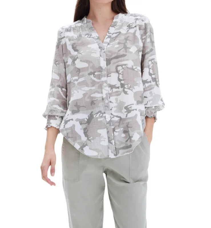 Jenny Collarless Shirt In Grey Camo