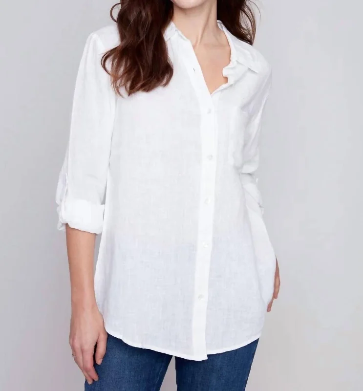 Long Linen Button Down Shirt In White