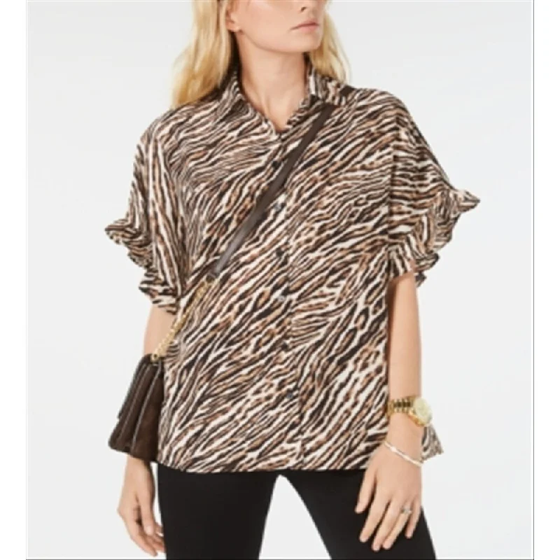 Michael Kors Women's Safari Leopard Print Button Up Shirt Dark Camel Size Xx-Small