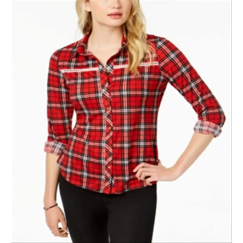 Polly & Esther Junior's Lattice Trim Plaid Button Up Shirt Red Size M