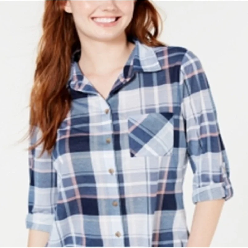 Polly & Esther Junior's Plaid Roll Tab Shirt Blue Size Large