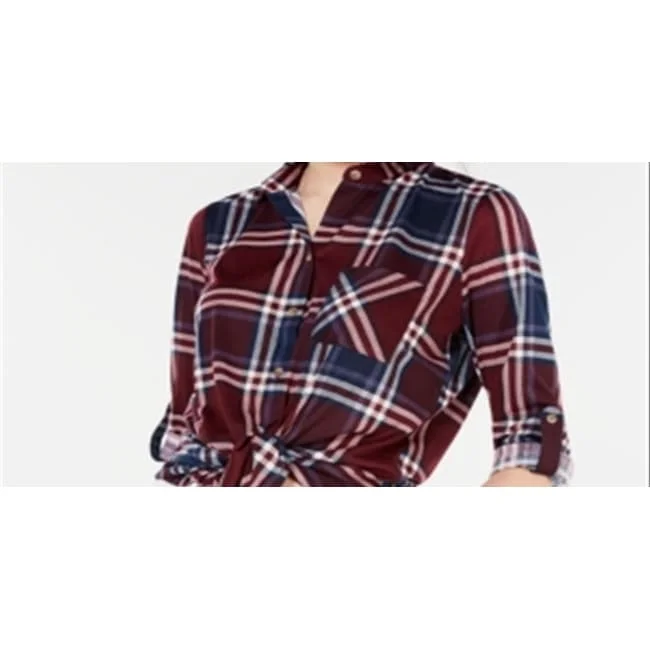 Polly & Esther Junior's Plaid Roll Tab Shirt Maroon Combo Size Small