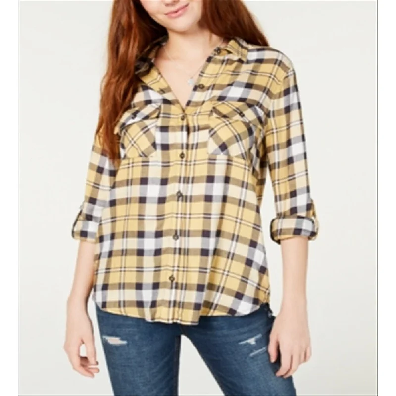 Polly & Esther Women's Plaid Utility Shirt -Yellow Size Xs