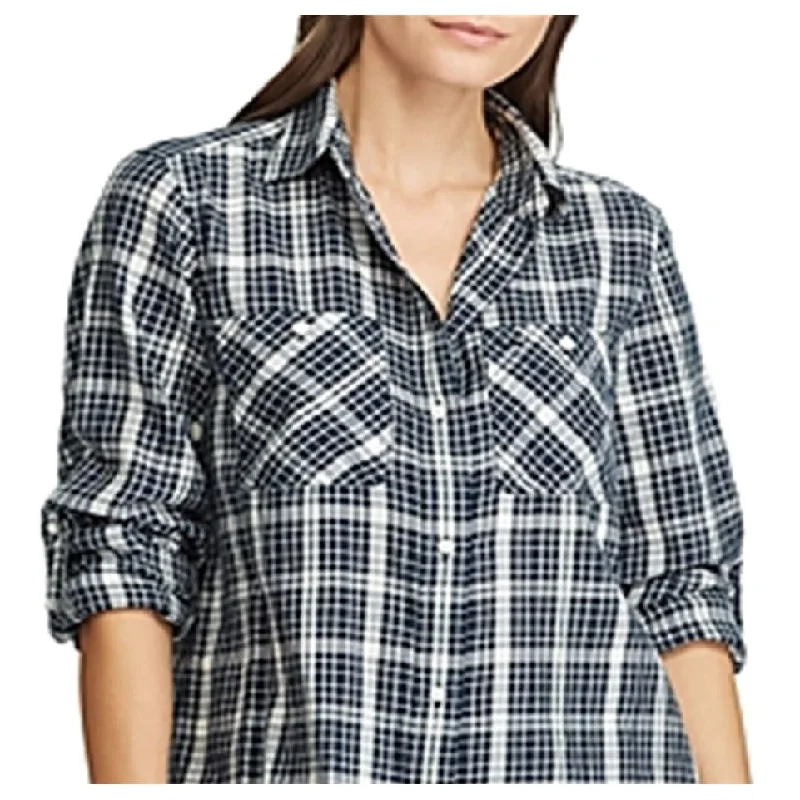 Ralph Lauren Women's Plaid Button Down Cotton Shirt Blue Size Large