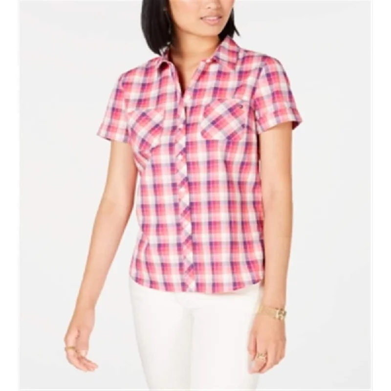 Tommy Hilfiger Women's Cotton Plaid Camp Shirt Pink Size X-Small