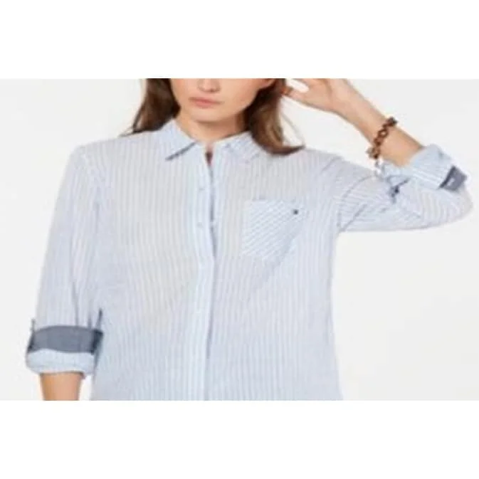 Tommy Hilfiger Women's Roll Tab Stripe Shirt Blue Size X-Small