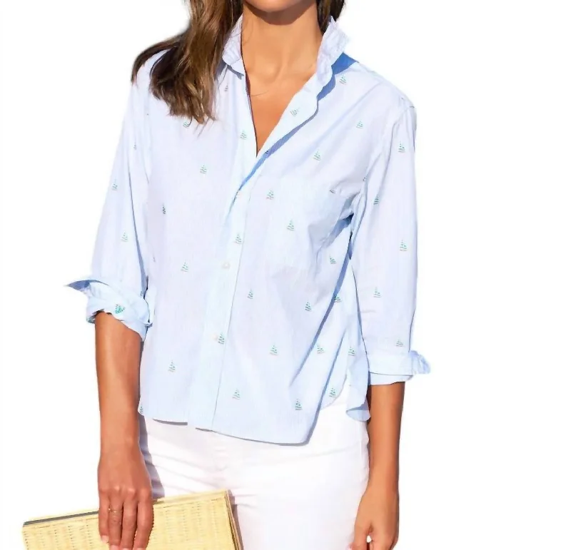 Untuckable Button Up Shirt In Light Blue Stripe W/ Sailboats