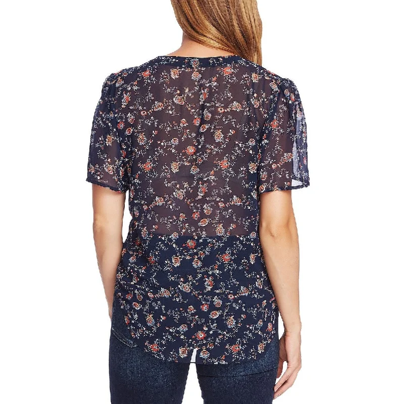 Vince Camuto Women's Elbow Sleeve Ditsy Floral Henley Shirt Blue Size X-Large