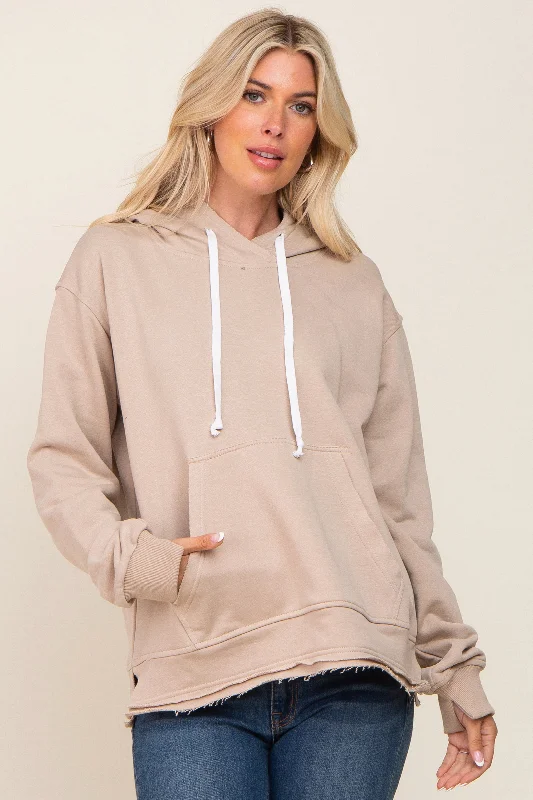 Beige Raw Edge Trim Drawstring Hoodie