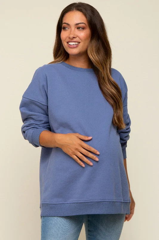 Blue Soft Knit Fleece Lined Maternity Sweatshirt