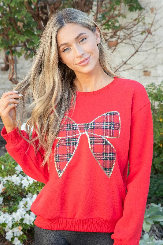 Christmas Plaid Bow Knit Sweatshirt, Red